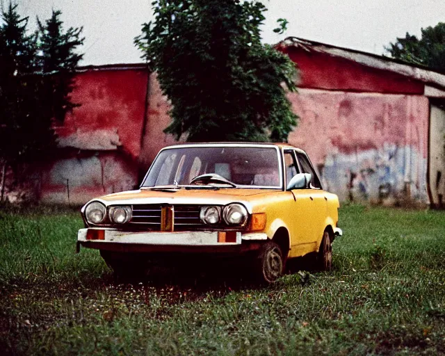 Image similar to a lomographic photo of old lada 2 1 0 7 standing in typical soviet yard in small town, hrushevka on background, cinestill, bokeh