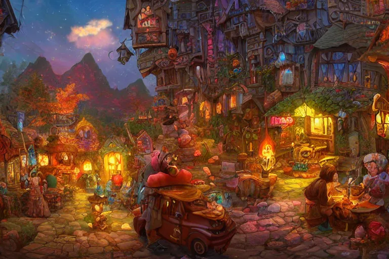 Prompt: dmt cozy fantasy village street view by artgerm and Craig Mullins, James Jean, Andrey Ryabovichev, Mark Simonetti and Peter Morbacher 16k