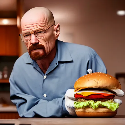 Prompt: walter white observing a hamburger with lens focusing, hd 4 k photo