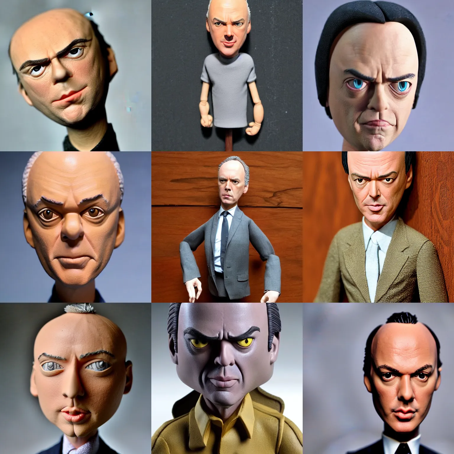 Prompt: michael keaton !!! very extremely realistic!!! extreme likeness!!! smooth specular clay! extremely close smooth specular sculpted headshot of michael keaton clay puppet , soft light, on wooden table. style: claymation puppet kids clay , by guldies