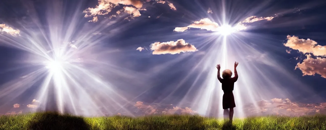 Image similar to god reaching down in a ray of light with his mighty hand, god ray, glowing, dreamy, religion, clouds, the lord