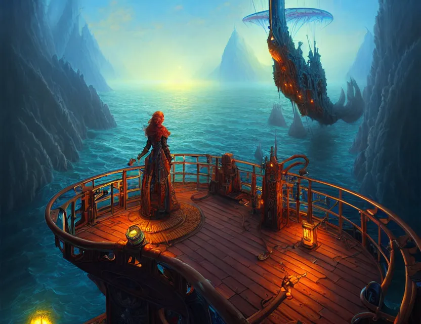 Image similar to standing upon the deck of the flying ship, d & d fantasy art, artstation contest winner, beautiful digital painting in the style of dan mumford, art by kev chan, volumetric lighting, intricate details, concept art, ultrarealistic, deep colors, cgsociety, by art germ, by gerald brom, by peter mohrbacher