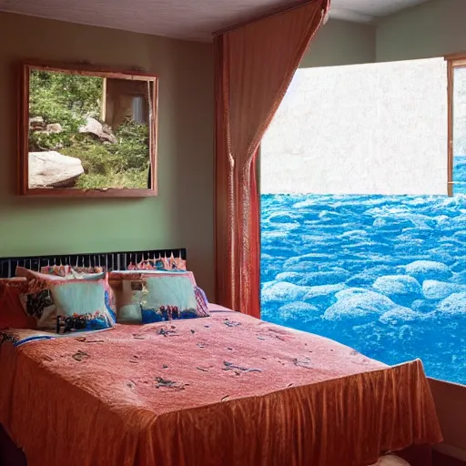 Prompt: a bedroom whose walls are made of clear water, photorealistic, 4 k, ultra - detailed, by alec soth