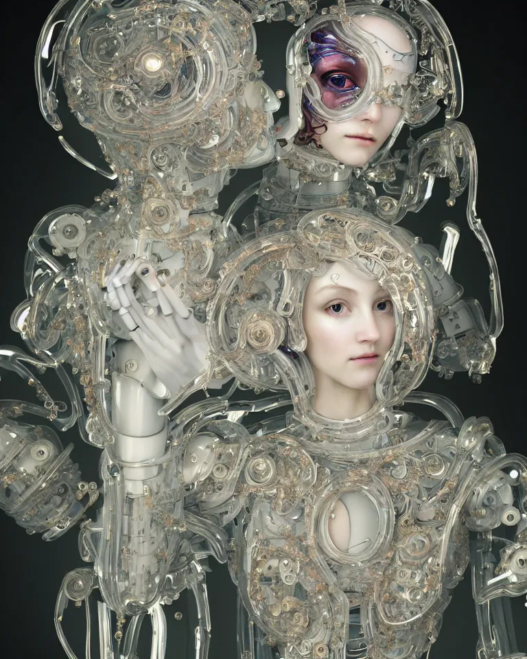 Image similar to beautiful cybernetic baroque robot + beautiful baroque porcelain face + body is clear plastic, inside organic robotic tubes and parts + wearing translucent baroque rain - jacket + symmetrical composition + intricate details, hyperrealism, wet, reflections + by alfonse mucha and moebius, no blur dof bokeh