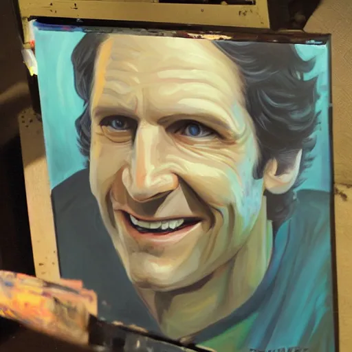 Prompt: A painting of Todd Howard of Bethesda Game Studios peeking out from under your bed