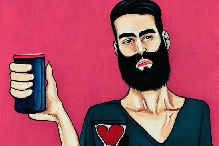 Prompt: a young man holding a beer giving a thumbs up with a long beard, detailed, uncropped, painted by Harumi Hironaka