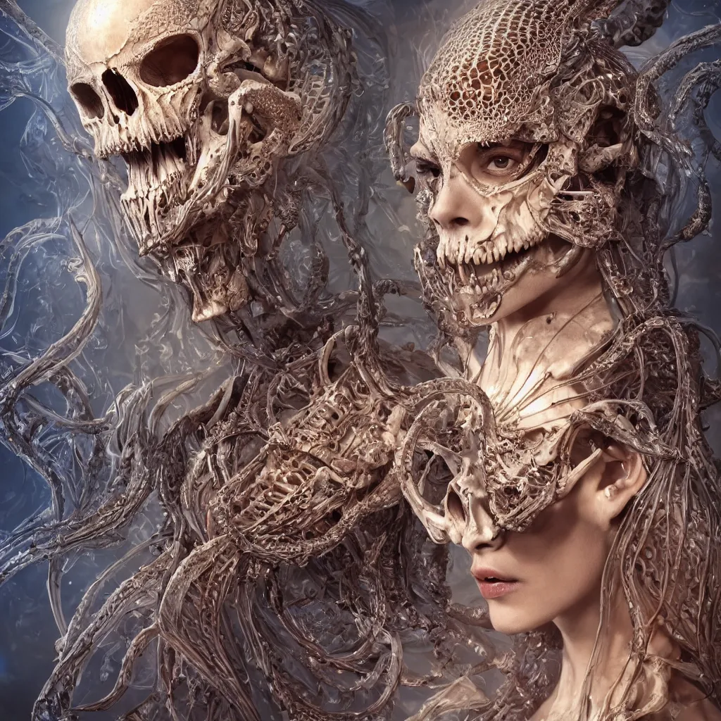 Image similar to close-up macro portrait of the face of a beautiful princess with animal skull mask, epic angle and pose, ribcage bones symmetrical artwork, 3d with depth of field, blurred background, cybernetic jellyfish female face skull phoenix bird, translucent, nautilus, energy flows of water and fire. a highly detailed epic cinematic concept art CG render. made in Maya, Blender and Photoshop, octane render, excellent composition, cinematic dystopian brutalist atmosphere, dynamic dramatic cinematic lighting, aesthetic, very inspirational, arthouse. y Greg Rutkowski, Ilya Kuvshinov, WLOP, Stanley Artgerm Lau, Ruan Jia and Fenghua Zhong