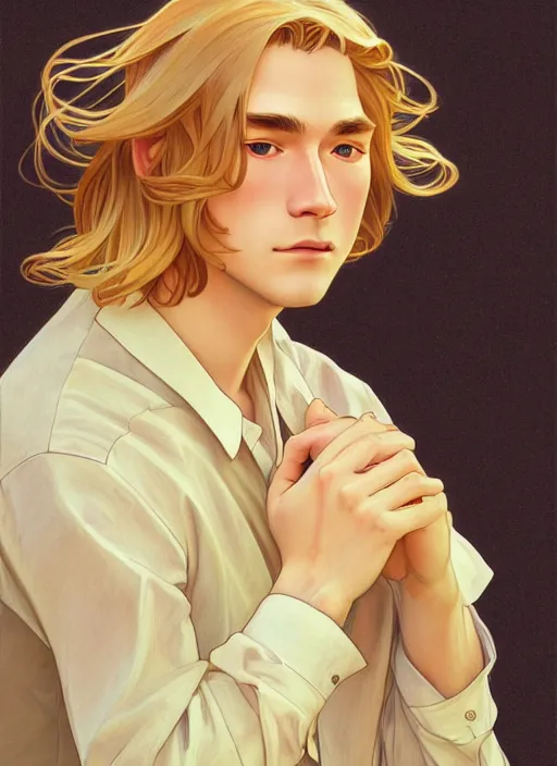 Image similar to pretty young man with shoulder length shiny shimmering golden blond hair, half body shot, path traced, highly detailed, high quality, digital painting, by studio ghibli and alphonse mucha, leesha hannigan, hidari, disney