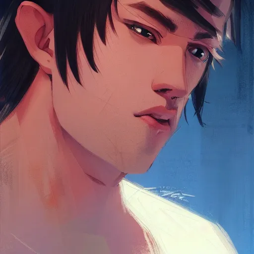 Image similar to A potrait of a man with big and cute eyes, fine-face, realistic shaded perfect face, fine details. Night setting. Very anime style. Realistic shaded lighting poster by Ilya Kuvshinov katsuhiro, magali villeneuve, artgerm, Jeremy Lipkin and Michael Garmash, Rob Rey and Kentarõ Miura style, trending on art station