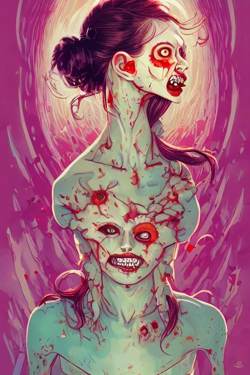 Image similar to a smiling cute zombie woman undead skin and wavy hair, tristan eaton, victo ngai, artgerm, rhads, ross draws