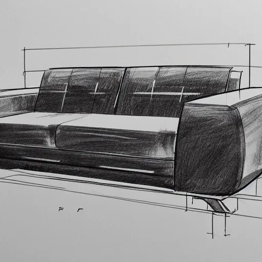 Image similar to detailed sketch, a prototype concept design of a sofa, commercial tv add, blade runner style,