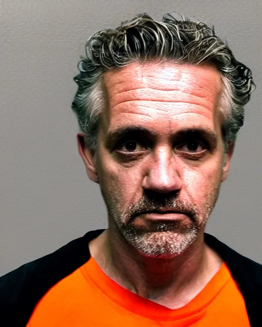 Image similar to prison mugshot of jordan peterson, bright flash, orange prison shirt, low saturation, somber expression, filthy hair, rugged textured face, soft vignette, soft focus, 5 0 mm, 4 k, nypd