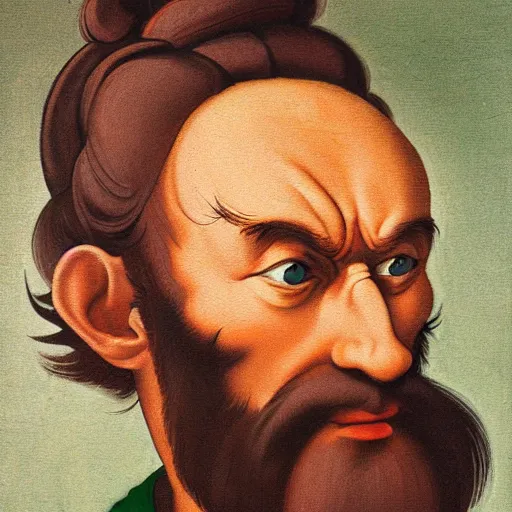 Prompt: portrait painting of angry Michelangelo di Lodovico with topknot in the style of japanese cartoon