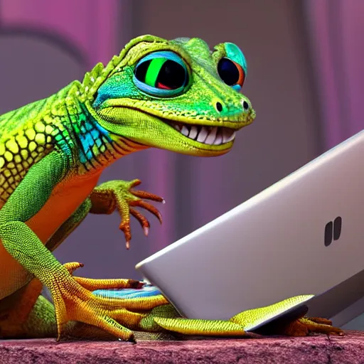 Image similar to a lizard using a computer, pixar,