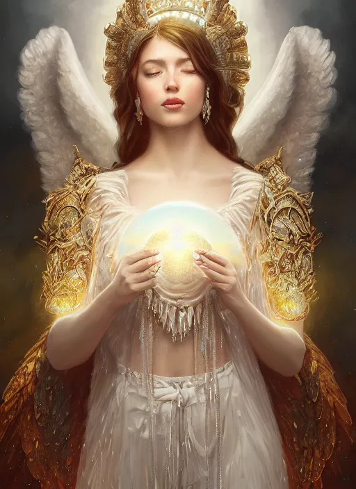 Image similar to A beautiful digital painting of a female angel full of jewels, princess, the moon behind her, intricate, cinematic lighting, highly detailed, digital painting, Artstation, concept art, smooth, sharp focus, illustration, art by Tom Bagshaw, Artgerm and Greg Rutkowski