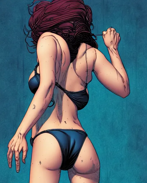 Image similar to comic horror cover art of a terrified bikini model running, viewed from behind, illustration by jenny frison and sana takeda, intricate details, stunning inking lines, stunning gradient colors, 4 k, hd, artstation, award winning