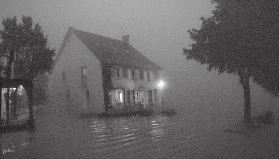 Prompt: mini dv camera found footage of a heavy burning french style little house by night, rain, foggy, in a small northern french village, by sony mini dv camera, heavy grain, low quality, high detail, dramatic light, anamorphic, flares