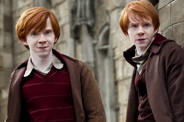 Prompt: film still Freddy Highmore as Ron Weasley wearing hogwarts uniform in Harry Potter movie
