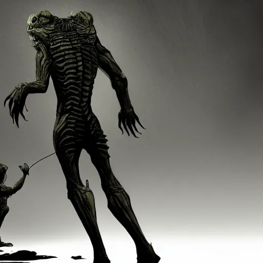 Prompt: a reptilian daemon entering a human from the back in a dark concrete room, spooky lighting, dark, creepy, trending on artstation, deviant art, artgem, intricate detail