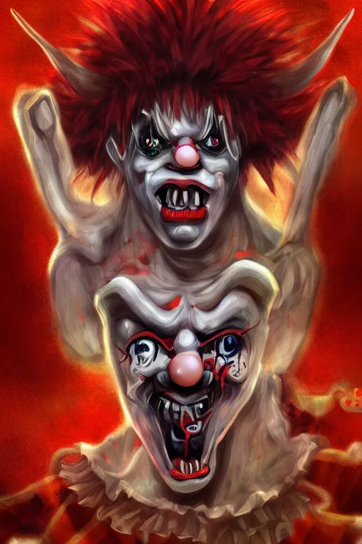 Image similar to a demon clown, highly detailed, digital art, sharp focus, trending on art station, anime art style