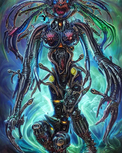 Image similar to silver mechanical charred bloody fleshmetal obliterator cyborg daemonhost woman psychedelic flamer of tzeentch with extra arms guns, blue and green rainbow fire, by antonio j. manzanedo, alex grey, android jones, wayne barlowe, philippe druillet, josephine wall, harumi hironaka, cronenburg, trending on artstation