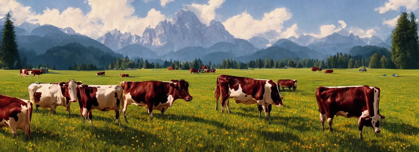 Image similar to a ultra photorealistic and sharp film still of an a sunny and colourful open field in 1 9 0 0 in the middle of the bavarian alps, germany. cows. wide shot, wes anderson, studio ghibli, pixar and disney animation, octane render, anime key art by greg rutkowski, dramatic lighting, award winning photography