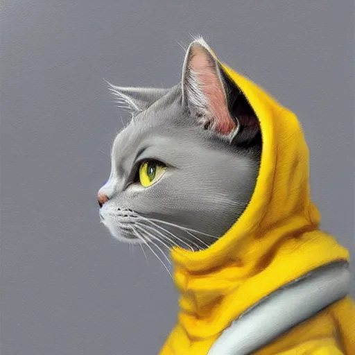 Image similar to head and shoulders masterpiece portrait of a cute adorable gray cat wearing a yellow spacesuit, surreal background, digital art by krenz cushart, trending on artstation, cgsociety,