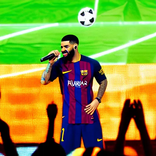 Image similar to Drake performing on stage at the Camp Nou