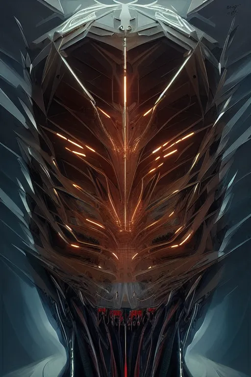 Image similar to professional concept art symmetrical portrait of a terrifying! mechanical predatory! fractal! species in a dark room by artgerm and greg rutkowski. an intricate, elegant, highly detailed digital painting, concept art, smooth, sharp focus, illustration, in the style of cam sykes.