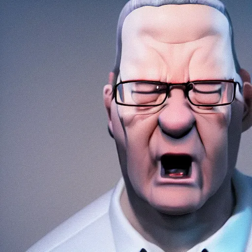 Image similar to hyper realistic, beautiful moody lighting, extreme emotions, caricature, soft, portrait of a very angry Hank Hill, rendered in octane, high quality 3d