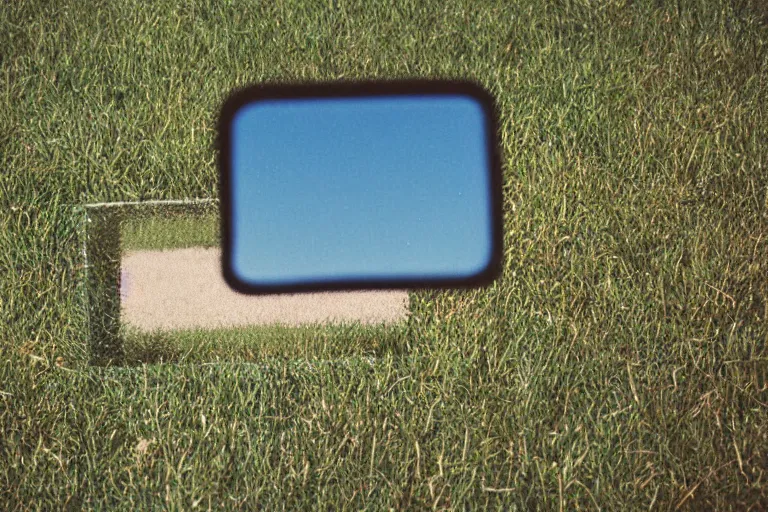 Image similar to film color photography, long view of small square mirror lies at the green lawn, no focus, 35mm