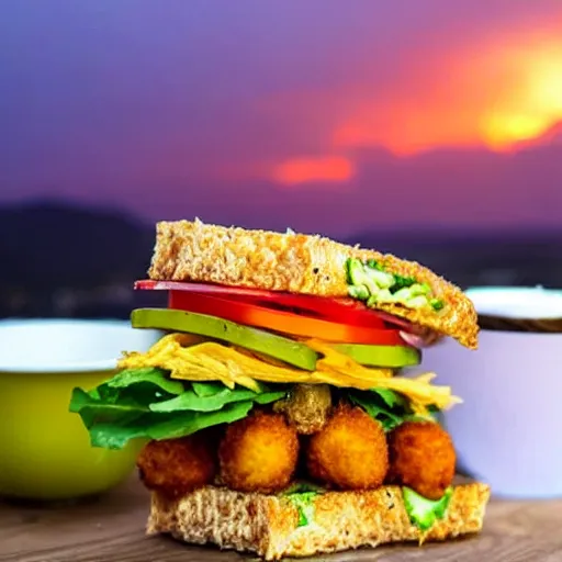 Prompt: sandwich with fried tofu, one tomato slice, mayonaisse, one onion ring, avocado, melted cheddar, over a dish that is over a table, with a sunset and rainbow in the background with saturn and stars in the sky