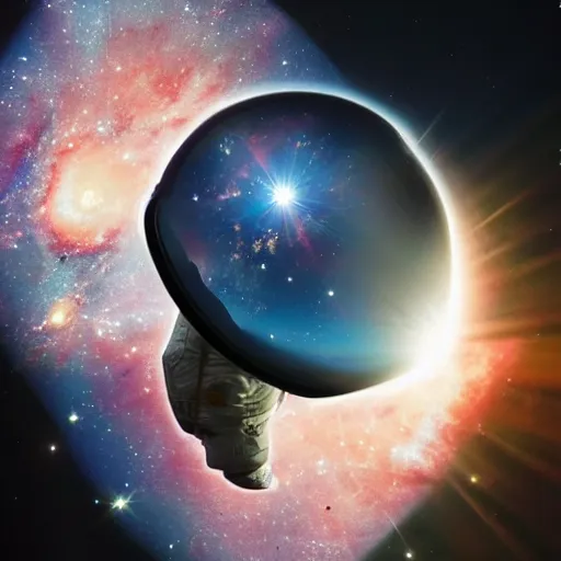 Prompt: an ultrarealistic photo of a galaxy colliding reflected in the helmet of an astronaut