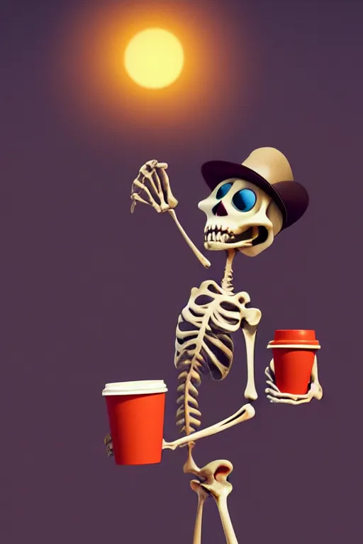 Image similar to a funny skeleton character with big eyes holding a cup of coffee on a cemetery at night. pixar disney 4 k 3 d render funny animation movie oscar winning trending on artstation and behance. ratatouille style.