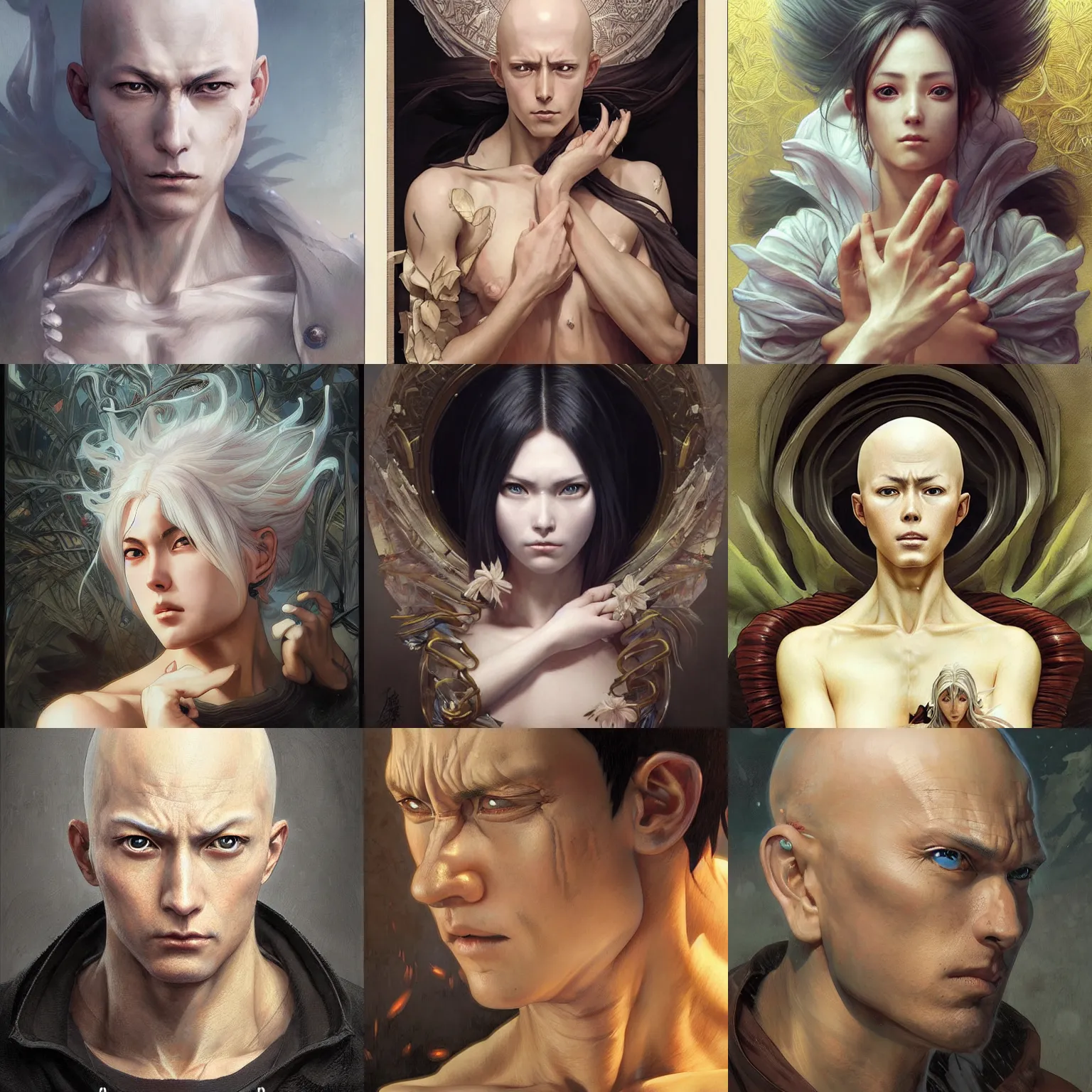 Prompt: a masterpiece portrait painting of saitama, ultra realistic, concept art, intricate details, eerie, highly detailed, photorealistic, art by artgerm and greg rutkowski and alphonse mucha