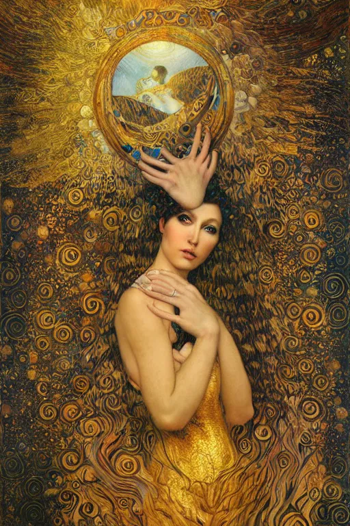 Prompt: Visions of Paradise by Karol Bak, Jean Deville, Gustav Klimt, and Vincent Van Gogh, visionary, otherworldly, fractal structures, infinite celestial wings, ornate gilded medieval icon, third eye, spirals, heavenly spiraling clouds with godrays, airy colors
