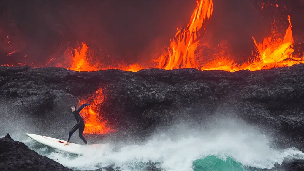 Image similar to medium shot of a person wearing a sponsored team jersey surfing down a river of lava on the side of a volcano on surfboard, action shot, dystopian, thick black smoke and fire, sharp focus, medium shot