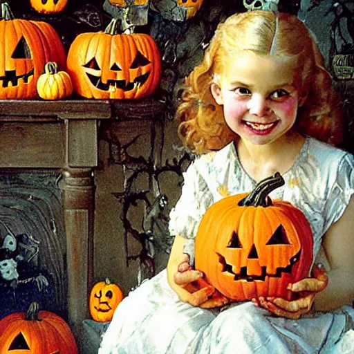 Image similar to a happy little girl with long straight golden blonde hair sitting amidst halloween decor, skulls and pumpkins. beautiful highly detailed face, beautiful painting by norman rockwell