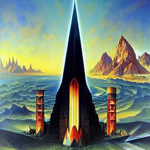 Prompt: barad - dur ( dark fortress ) and the eye of sauron, large scale painting by robert mccall and vladimir kush