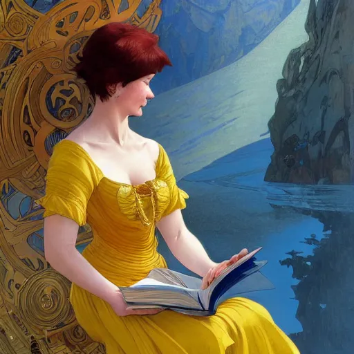 Prompt: a smiling beautiful woman with short red hair wearing a yellow dress and reading a book, blue eyes, masterpiece, intricate, elegant, highly detailed, digital painting, artstation, concept art, smooth, sharp focus, illustration, art by artgerm and greg rutkowski and alphonse mucha and uang guangjian and gil elvgren and sachin teng, symmetry!!