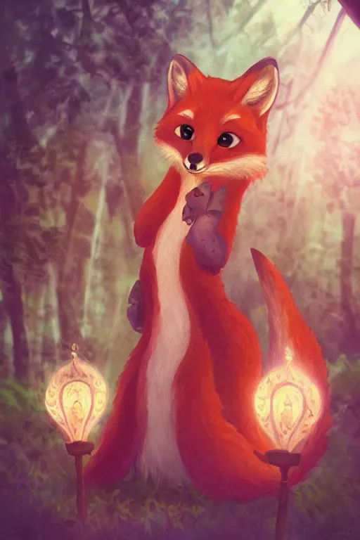 Image similar to a pretty medieval anthropomorphic fox with a fluffy tail in the forest, comic art, trending on furaffinity, cartoon, kawaii, backlighting, furry art!!!, radiant light, bokeh, trending on artstation, digital art