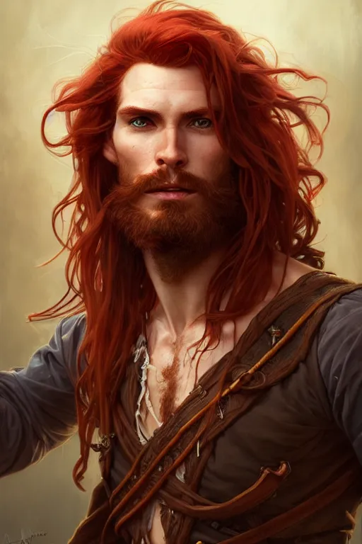 Image similar to portrait of a young ruggedly handsome but joyful pirate, male, masculine, full body, red hair, waist long hair, fantasy, intricate, elegant, highly detailed, digital painting, artstation, concept art, matte, sharp focus, illustration, art by artgerm and greg rutkowski and alphonse mucha