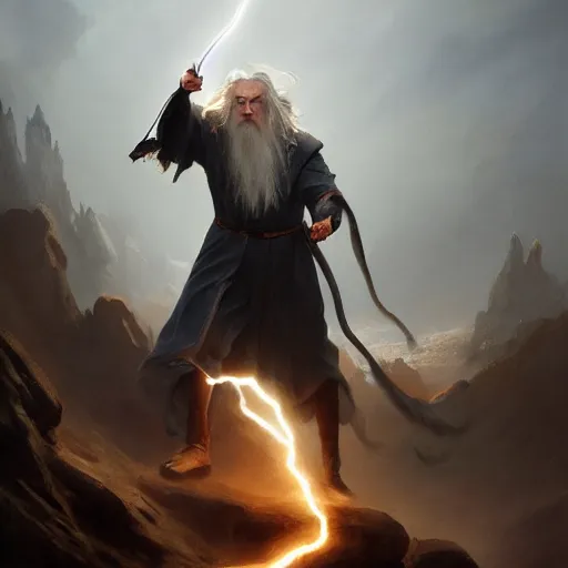 Image similar to gandalf casts a lightningbolt, dramatic lighting, chiaroscuro, high detail, painted by greg rutkowski, painted by igor kieryluk, painted by bobby chiu, trending on artstation