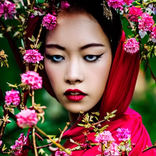 Image similar to photography of the asian queen sitting in the flower thorn, beautiful face, masterpiece costume, jewellery, high quality, elegant, emotionally touching, cool, deep gaze, mystery, tenderness rehahn style