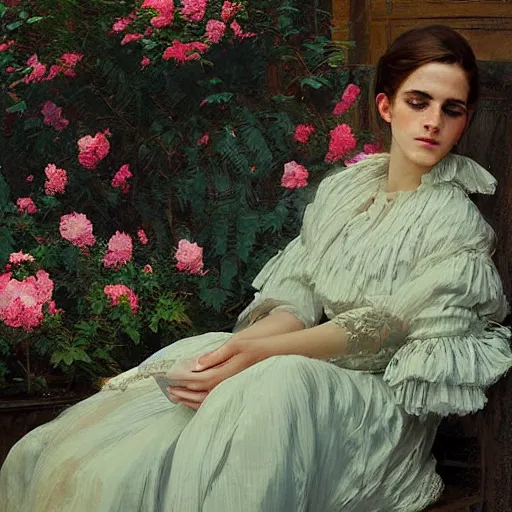 Image similar to sleeping thick paint brush strokes full body fashion model emma watson by Jeremy Lipking by Hasui Kawase by Richard Schmid (((smokey eyes makeup eye shadow fantasy, glow, shimmer as victorian woman in a long white frilly lace dress and a large white hat having tea in a sunroom filled with flowers, roses and lush fern flowers ,intricate, night, highly detailed, dramatic lighting))) , high quality