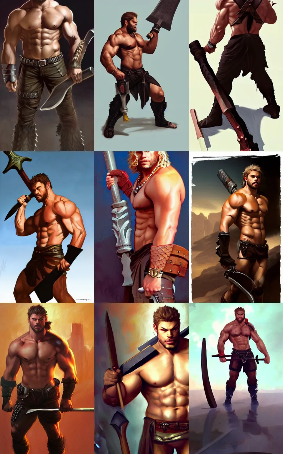 Prompt: character concept portrait of Kellan Lutz as a Barbarian holding a giant hammer, muscular, abs, leather pants, elegant, digital painting, concept art, smooth, sharp focus, illustration, from Metal Gear, by Ruan Jia and Mandy Jurgens and William-Adolphe Bouguereau, Artgerm