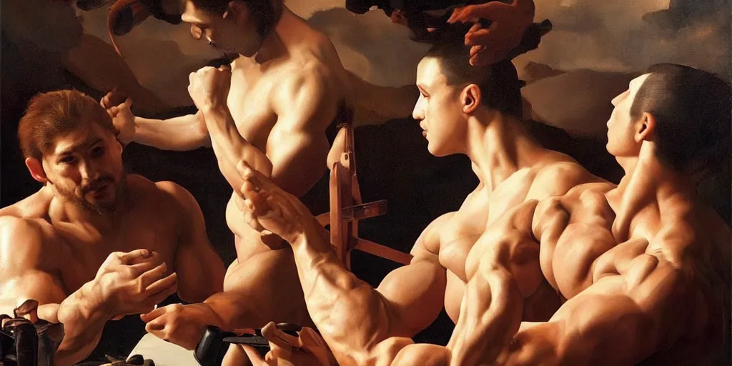 Image similar to beautiful oil matte portrait painting, bodybuilders playing video games, wonderful masterpiece highly detailed, beautiful cinematic light deep focus, elegant, digital painting, smooth, sharp focus, golden ratio, dramatic illumination, ultra realistic, 8 k, art by artemisia lomi gentileschi and caravaggio