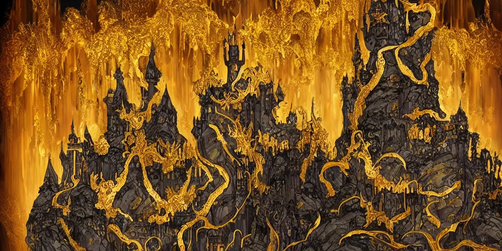 Image similar to ominous ornate obsidian castle with gold filigree on high cliffs with rivers and waterfalls of glowing melted gold. by tom bagshw and by ralph bakshin. power and beauity.