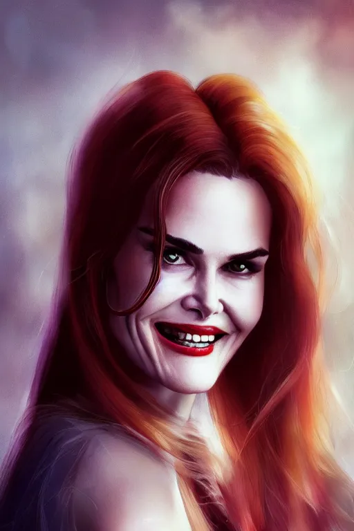 Image similar to mix of beautiful young maria shriver, mariel hemmingway, brooke shields, nicole kidman and elle macpherson as a vampire showing vampire teeth, ready to bite, thin lips, hair tied up in a pony tail, dark blonde hair, colorful, artstation, cgsociety