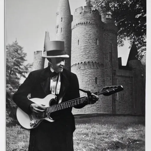 Image similar to vintage photograph of count orlok outside his castle, playing the blues on guitar, castle in the background, 4 k